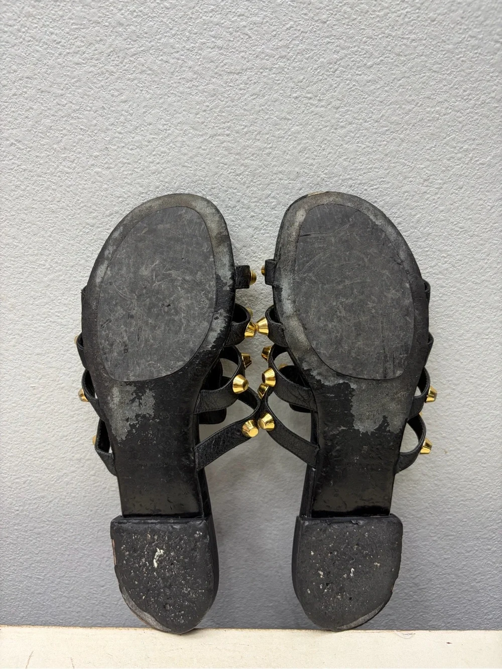 Balenciaga Black Leather Palladium Giant Gold Studded Flat Sandals Size 38